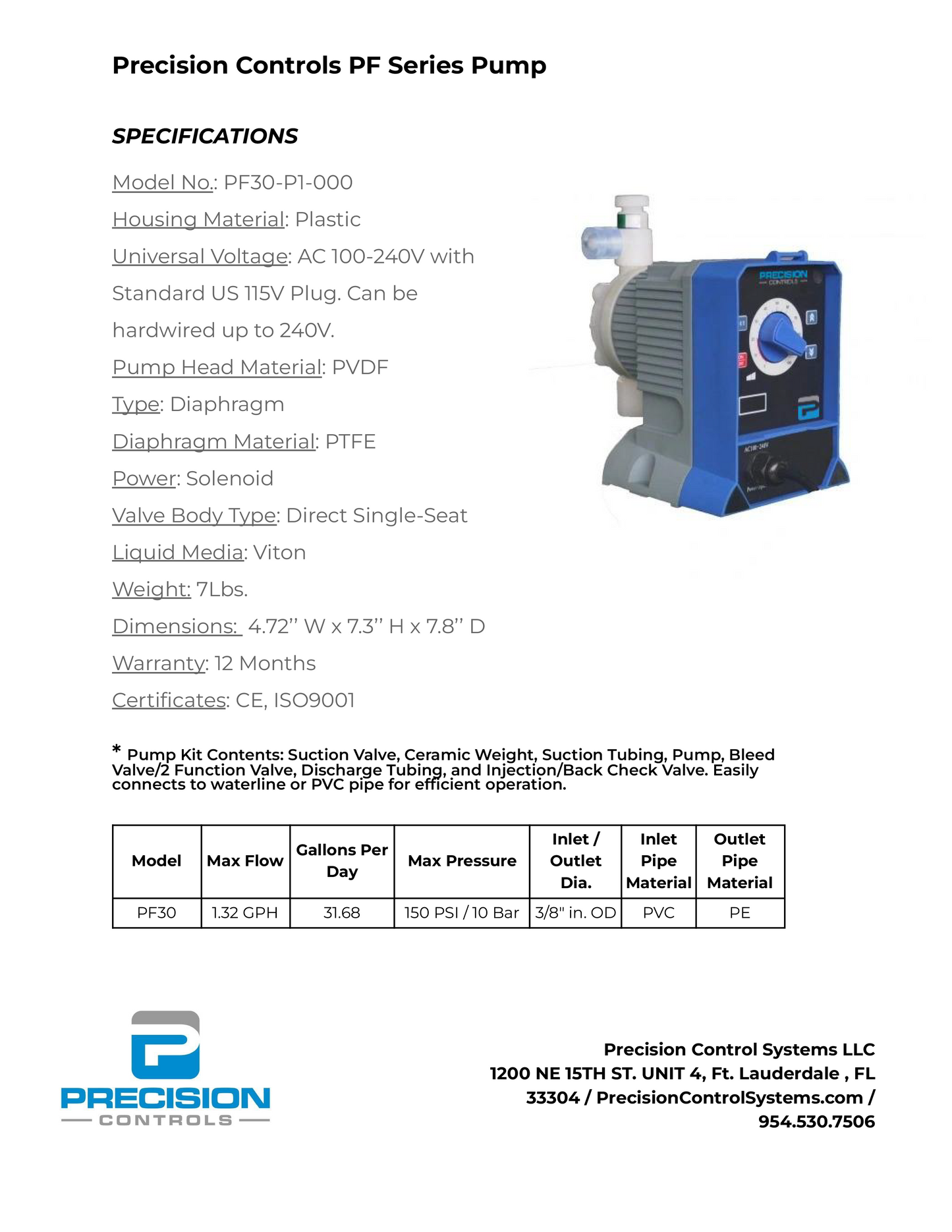 Precision Controls PF Series Dosing Metering Pump - 20 GPD, 220 PSI (HIGH PRESSURE)